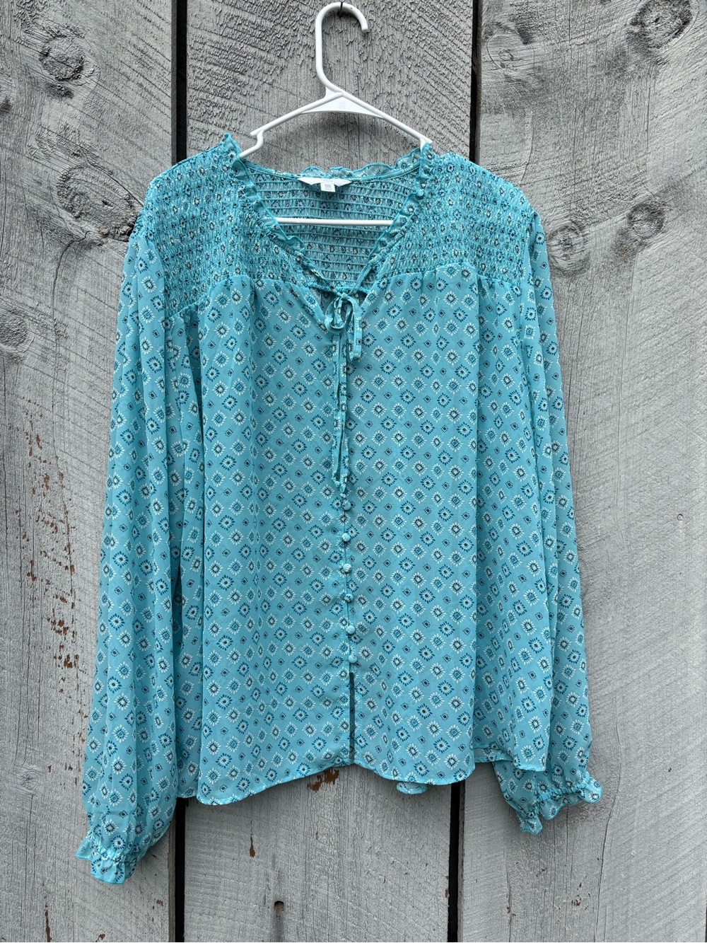 Time and Tru Women's Boho Smocked Yoke Blouse - Teal Blue Long Sleeve 2X